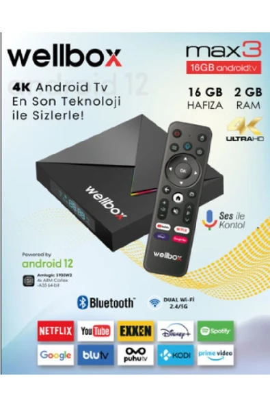 wellbox MAX 3 4K Android TV Box Free İP DEsteği Wifi Ethernet İle Bağlantı 16 GB Hafıza 2 GB Ram ürün görseli