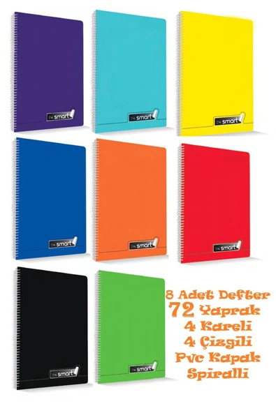 I'M Smart Defter A4 Okul Defteri 72 Yaprak 8 ADET 4 KARELİ 4 ÇİZGİLİ Spralli Pp Kapak Defter Seti