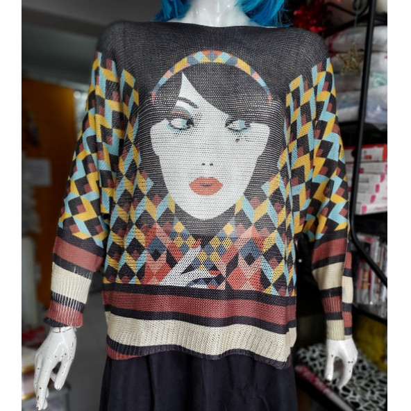 İTALYAN KAZAK - KODU: 3556 - YARASA KOLLU - RENK: SİYAH + SARI+BAKIR (KIZIL KAHVE) + MAVİ- ÖNÜ KIZ DESENLİ - 4