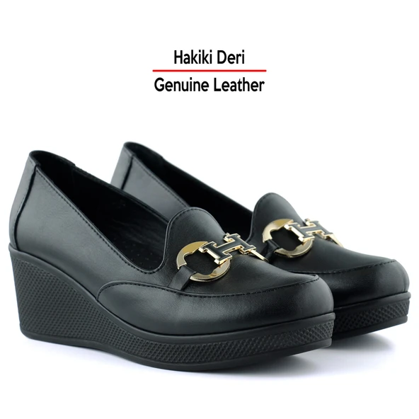 Erkan Saçmacı Hayley Siyah Hakiki Deri Tokalı Yuvarlak Burun Dolgu Topuklu Günlük Ayakkabı - Resim 3