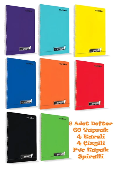 I'M Smart Defter A4 Okul Defteri 60 Yaprak 8 ADET 4 KARELİ 4 ÇİZGİLİ Spralli Pp Kapak Defter Seti