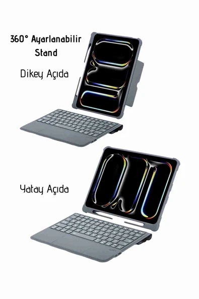 iPad Pro 13 2024 Uyumlu 360° Manyetik Standlı Ledli Touchpadli Katanya Klavyeli Tablet Kılıfı - Resim 4