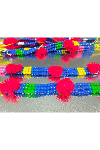 GENEL HIRDAVAT 3 SIRA BONCUKLU PÜSKÜLLÜ RENKLİ TASMA YULAR 3.5x54 cm boncuk uzunluğu - 3