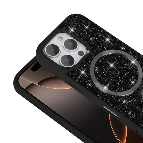 Apple iPhone 16 Pro Max Kılıf Pırlanta Tasarımlı Magsafe Şarj Özellikli Redclick Mozaik Silikon Kapak - Resim 5