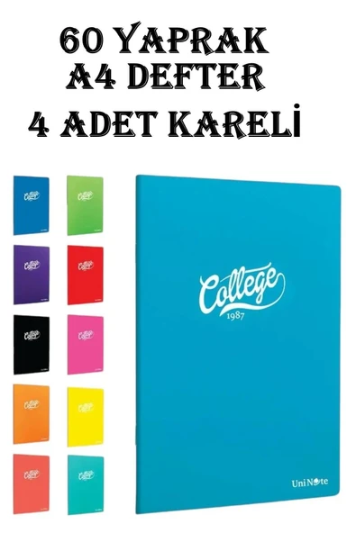 College Defter A4 Okul Defteri 60 Yaprak 4 ADET KARELİ Pp Kapak Defter Seti