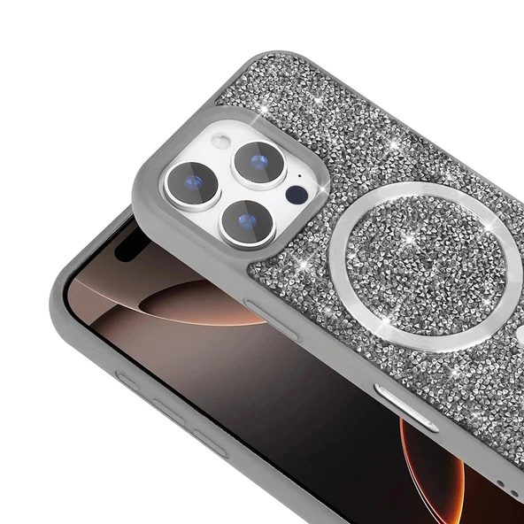 Apple iPhone 16 Pro Max Kılıf Pırlanta Tasarımlı Magsafe Şarj Özellikli Redclick Mozaik Silikon Kapak - Resim 7