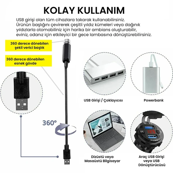UpWay USB Lazer Yıldız Projektörü 2 Adet Kırmızı Mor Gece Lambası Oto Aksesuarı - 5