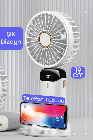 LCD Ekranlı Şarjlı El Fanı Mini Vantilatör 5 Kademe Sessiz Boyun Askılı Beyaz Fan - 6