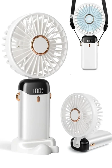 LCD Ekranlı Şarjlı El Fanı Mini Vantilatör 5 Kademe Sessiz Boyun Askılı Beyaz Fan - 2