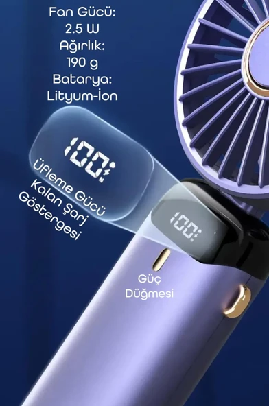 LCD Ekranlı Şarjlı El Fanı Mini Vantilatör 5 Kademe Sessiz Boyun Askılı Beyaz Fan - 8