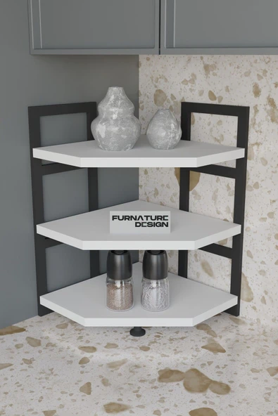 Akın Köşe Baharatlık 3 Raflı Mutfak Tezgah Üstü Köşe Raf - Beyaz - 3