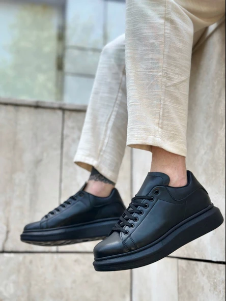 ET0547 Kalın Yüksek Taban Siyah Bağcıklı Spor Erkek Ayakkabı - Resim 3