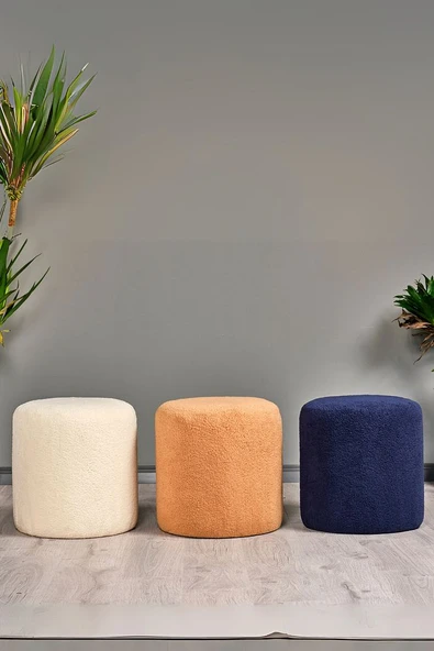 Silindir Puf Tabure Kuzu Kumaş Bej Makyaj Pufu Puf Sandalye Ayak Uzatma Pufu - 10