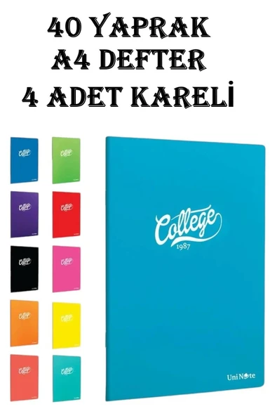 College Defter A4 Okul Defteri 40 Yaprak 4 ADET KARELİ Pp Kapak Defter Seti