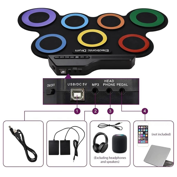 Ayt Magicvoice G3002 Elektronik Bateri Roll UP Davul Matı Kiti 7 Ped Çocuk Müzik Aleti Trampet - 2