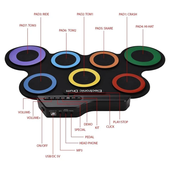 Ayt Magicvoice G3002 Elektronik Bateri Roll UP Davul Matı Kiti 7 Ped Çocuk Müzik Aleti Trampet - 4