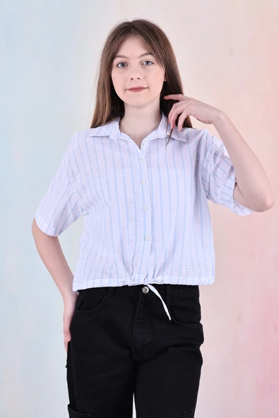 Kız Çocuk Bel Büzgü Detaylı Crop Gömlek 6-14 Yaş 12253 - Resim 3