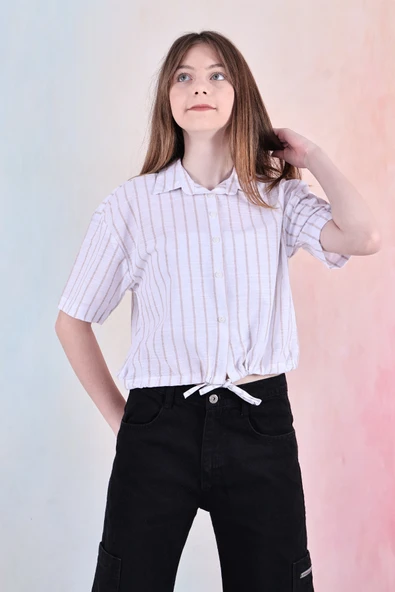 Kız Çocuk Bel Büzgü Detaylı Crop Gömlek 6-14 Yaş 12253 - Resim 9