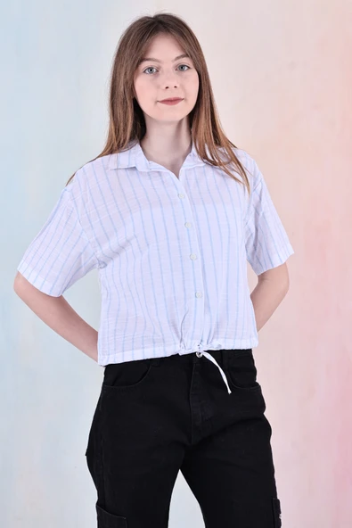 Kız Çocuk Bel Büzgü Detaylı Crop Gömlek 6-14 Yaş 12253 - Resim 7