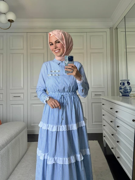 BRODE ŞERİTLİ ÇİZGİLİ ELBİSE - 2