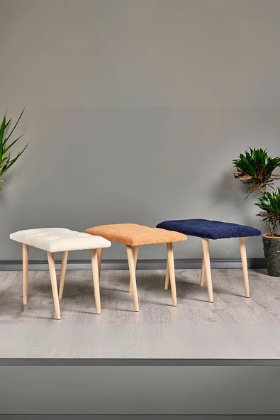 Puf Retro Ahşap Ayaklı Handmade Çok Amaçlı Kuzu Tüyü Puf Bench Koltuk Sandalye Makyaj Pufu - 6