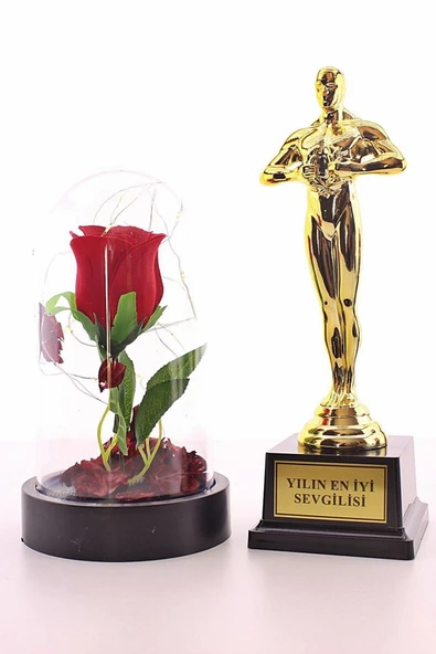 Yılın En Iyi Sevgilisi Oscar Ödülü Ve Led Işıklı Fanus Gül Seti Sevgiliye Özel Hediye - 2