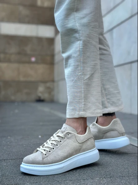 ET0547 Kalın Yüksek Taban Krem Süet Bağcıklı Spor Erkek Ayakkabı - Resim 2