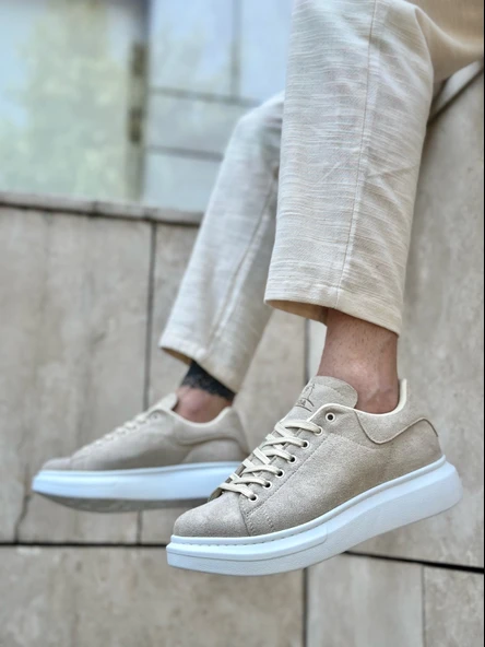 ET0547 Kalın Yüksek Taban Krem Süet Bağcıklı Spor Erkek Ayakkabı - Resim 3