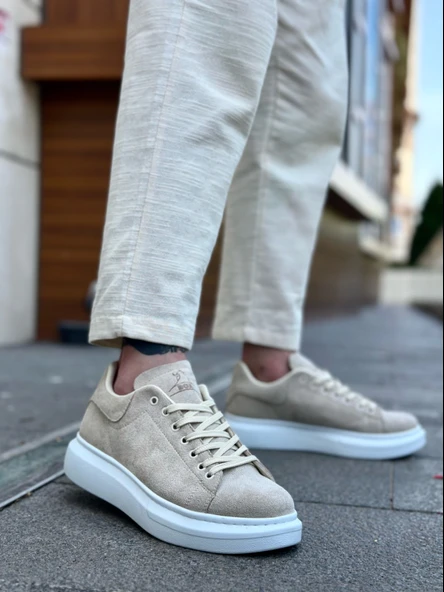 ET0547 Kalın Yüksek Taban Krem Süet Bağcıklı Spor Erkek Ayakkabı ürün görseli