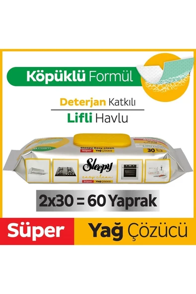 Sleepy Easy Clean Süper Yağ Çözücü Yüzey Temizlik Havlusu&mendili 2x30 (60 YAPRAK)