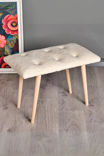 Puf Retro Ahşap Ayaklı Handmade Çok Amaçlı Kuzu Tüyü Puf Bench Koltuk Sandalye Makyaj Pufu - 7