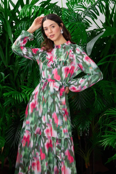 FIRFIRLI DESENLİ ŞİFON ELBİSE - 2