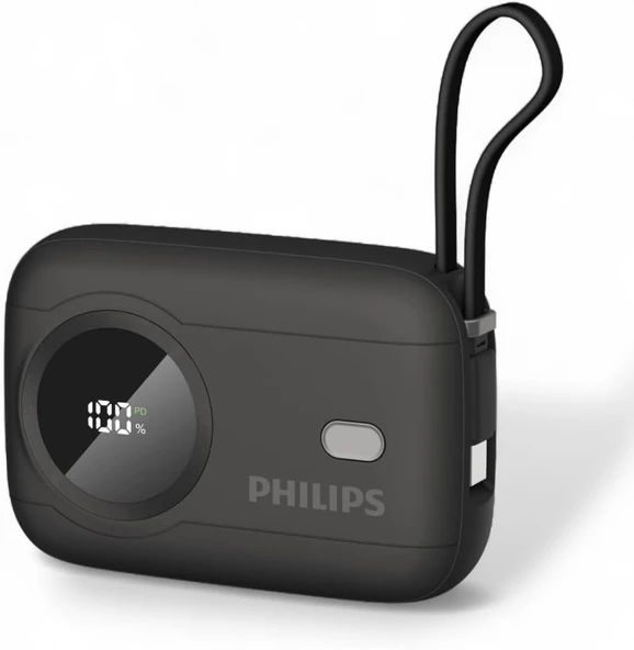 Philips DLP8722 Dahili Kablolu Powerbank, 10000 mAh, Dahili Type-C ve Lightning Kablo, Dijital Ekran, 3.6V, Akım Korumalı, Aşırı Şarj Korumalı, 182g (Siyah)