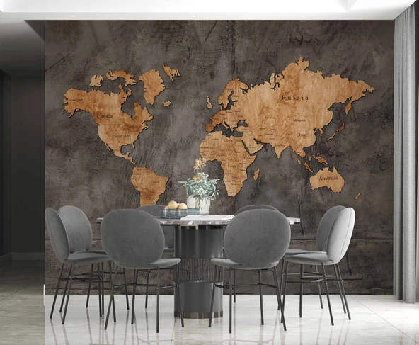 Koyu Ahşap Dünya Haritası Duvar Kağıdı - Resim 5