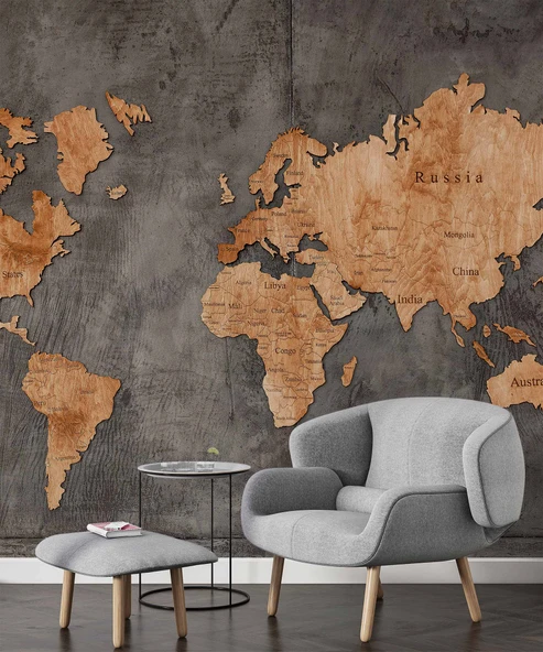 Koyu Ahşap Dünya Haritası Duvar Kağıdı - Resim 6