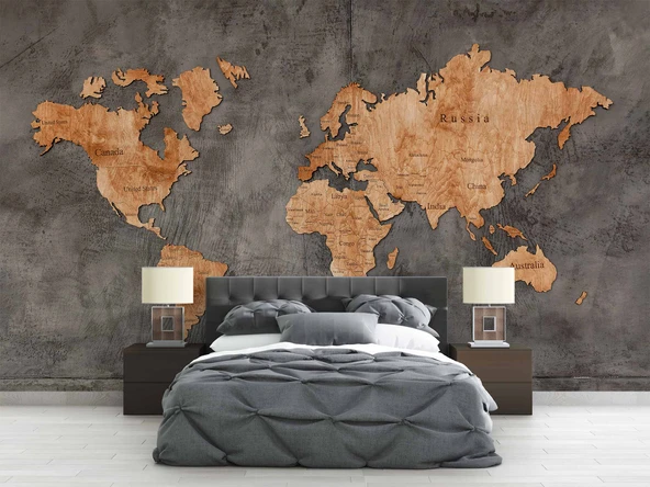 Koyu Ahşap Dünya Haritası Duvar Kağıdı - Resim 2