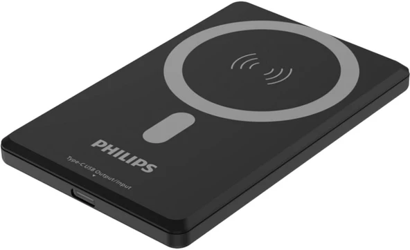 Philips DLP9702C MagSafe İle Uyumlu Powerbank, 5000mAh, Kablosuz Hızlı Şarj, 15W, Li-Po Batarya, Korumalı Şarj, Güçlü Mıknatıs, Type-C, 120gr, Siyah (Siyah)