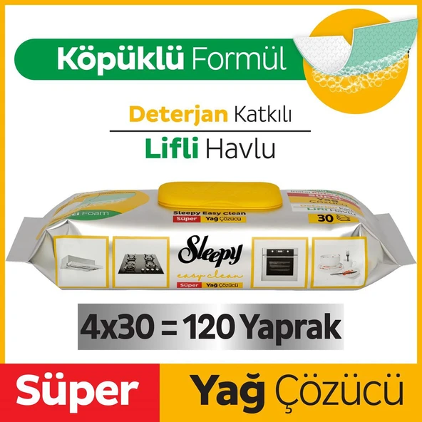 Sleepy Easy Clean Süper Yağ Çözücü Yüzey Temizlik Havlusu&Mendili 4x30 (120 Yaprak)