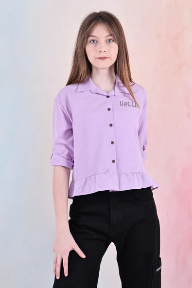 Kız Çocuk Bel Detaylı-Taş Baskılı Crop Gömlek 6-15 Yaş 12254 - 10