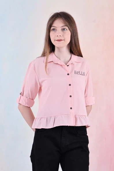 Kız Çocuk Bel Detaylı-Taş Baskılı Crop Gömlek 6-15 Yaş 12254 - 6