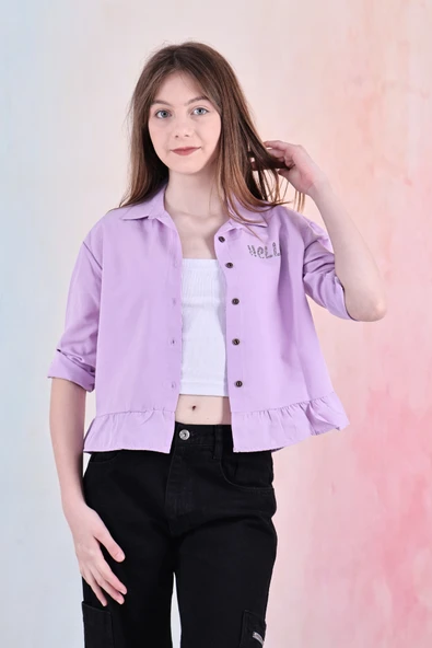 Kız Çocuk Bel Detaylı-Taş Baskılı Crop Gömlek 6-15 Yaş 12254 - 11
