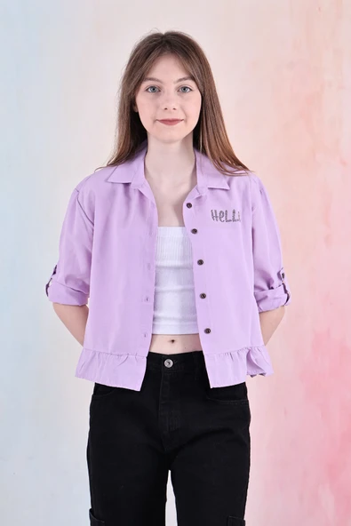 Kız Çocuk Bel Detaylı-Taş Baskılı Crop Gömlek 6-15 Yaş 12254 - 9