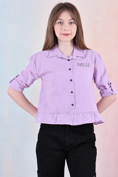 Kız Çocuk Bel Detaylı-Taş Baskılı Crop Gömlek 6-15 Yaş 12254 - 4