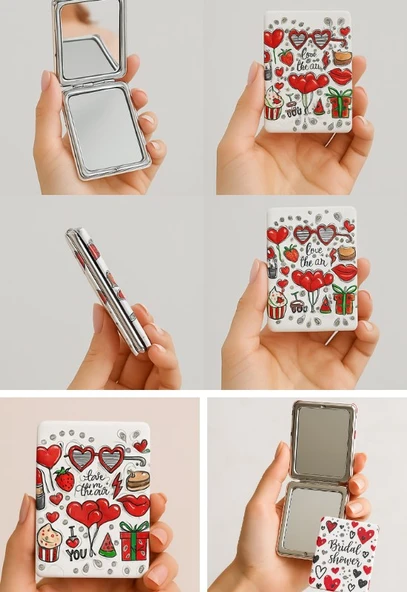 Kalp Love Tasarımlı Simli Büyüteçli Pratik Mini Cep Çanta Makyaj Aynası