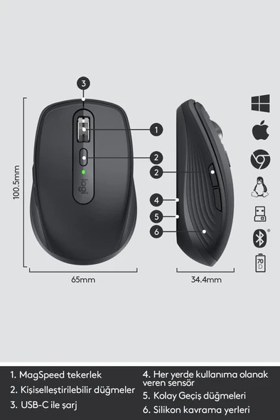 Logitech MX Anywhere 3 910-005988 Siyah Şarjlı Lazer Kablosuz Mouse Outlet - Resim 5