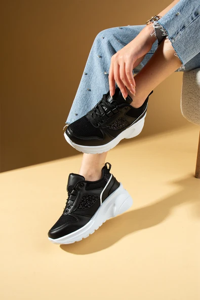 Pembe Potin Kalın Taban Bağcıklı Fileli Taş Detaylı Kadın Sneakers 89-044-25Byaz - 2