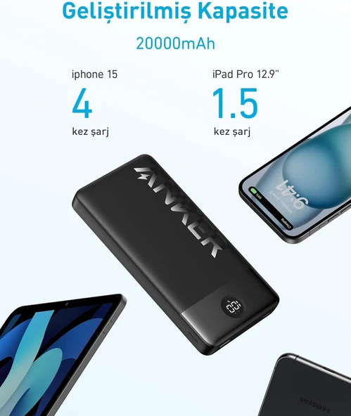 Anker 326 Powerbank (20.000 mAh, 15W, 2-Port), Yüksek Kapasite, Dijital Ekran ve Kompakt Tasarım, Çift Yönlü Çıkış - 3