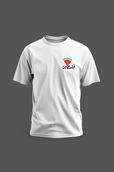Kısa Kollu Yanlı Küçük Filistin Arapça Yazısı Ve Üçgenlı Karpuz Dijital Baskılı Unisex S - 2xl T3000 - 3