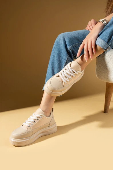 Pembe Potin Kalın Taban Renkli Bağcıklı Hafif Taban Kadın Sneakers 89-049-25 - 5