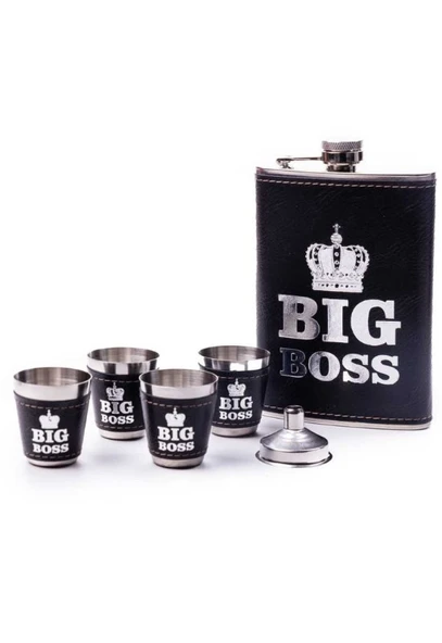 Big Boss Çelik Matara Hediye Seti Deri Kaplamalı İçecek Cep Matarası 4 Shot Bardaklı  Hediye Seti - Resim 3
